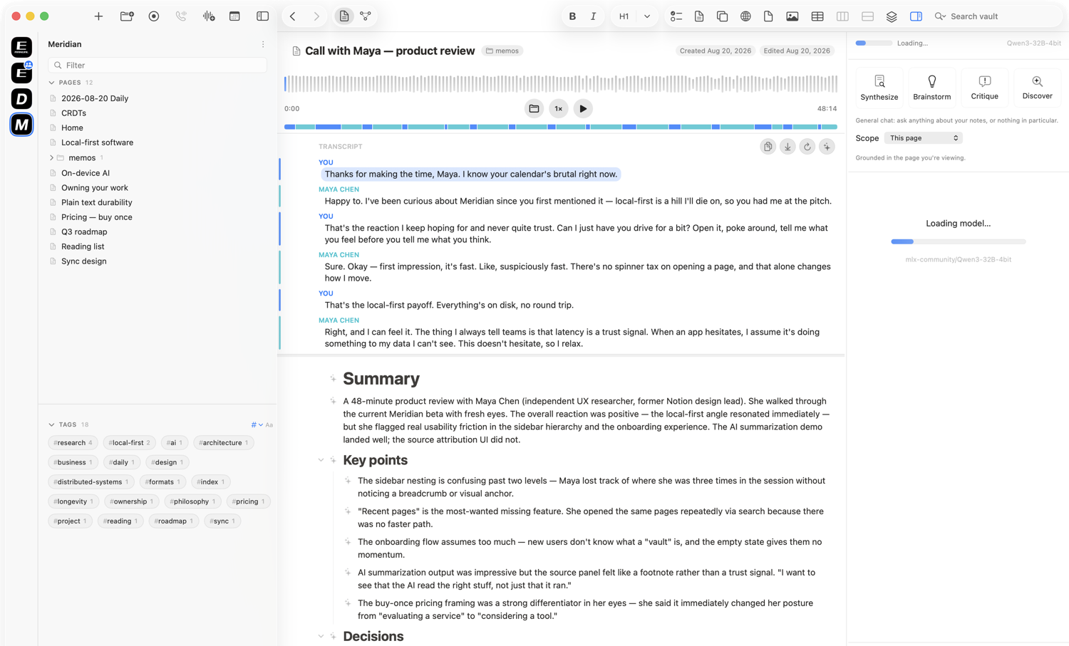 Enliner's assistant panel running a local model to answer questions grounded in your notes.