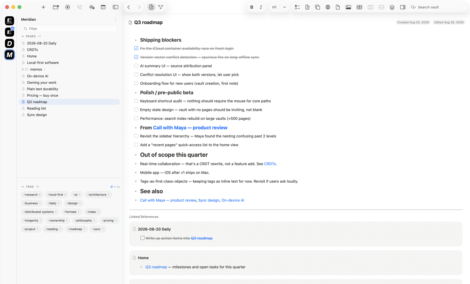 Linked references in Enliner: a page showing every other page that mentions it.