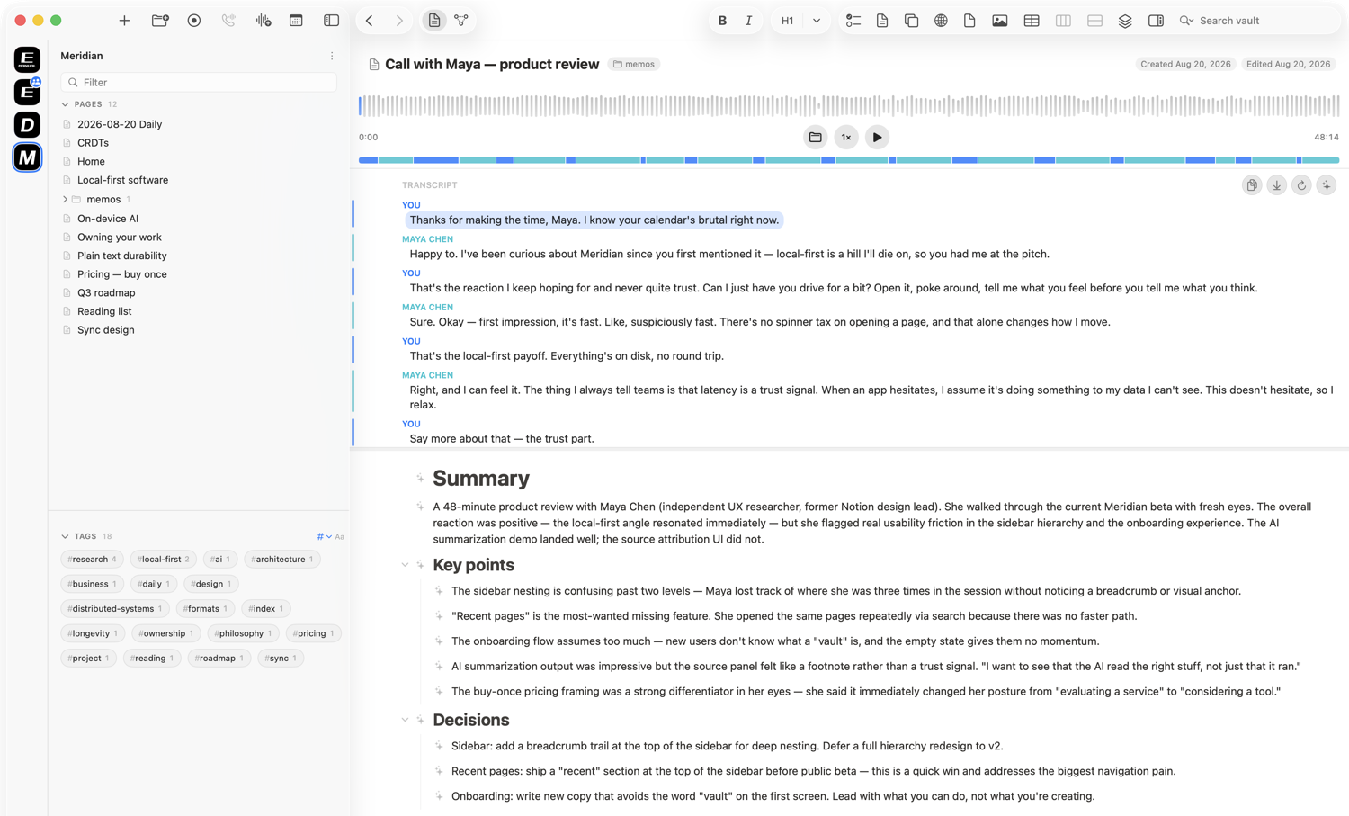 A recorded call in Enliner: audio player, speaker-diarized transcript, and an AI summary.