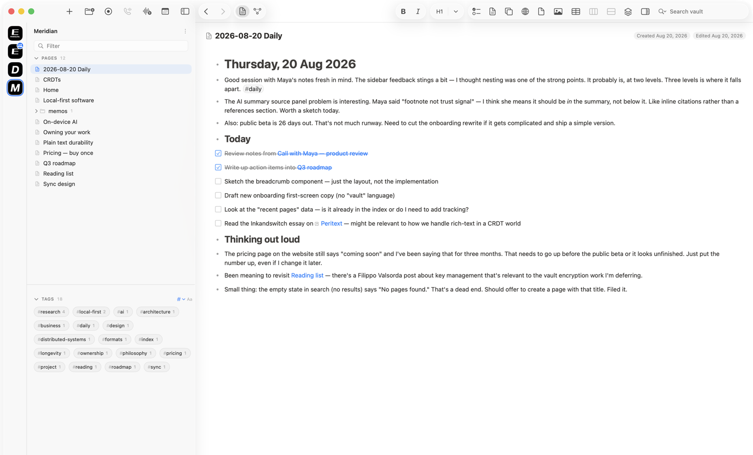 The Enliner editor: a daily note with nested blocks, tags, wikilinks, and checkboxes.
