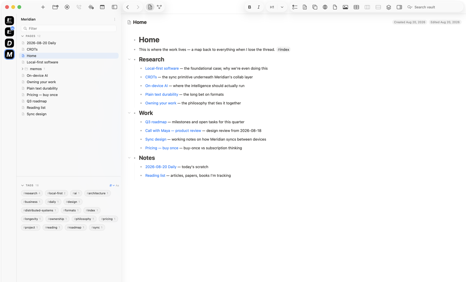 A home page in Enliner acting as a map of contents, linking out to every other page.