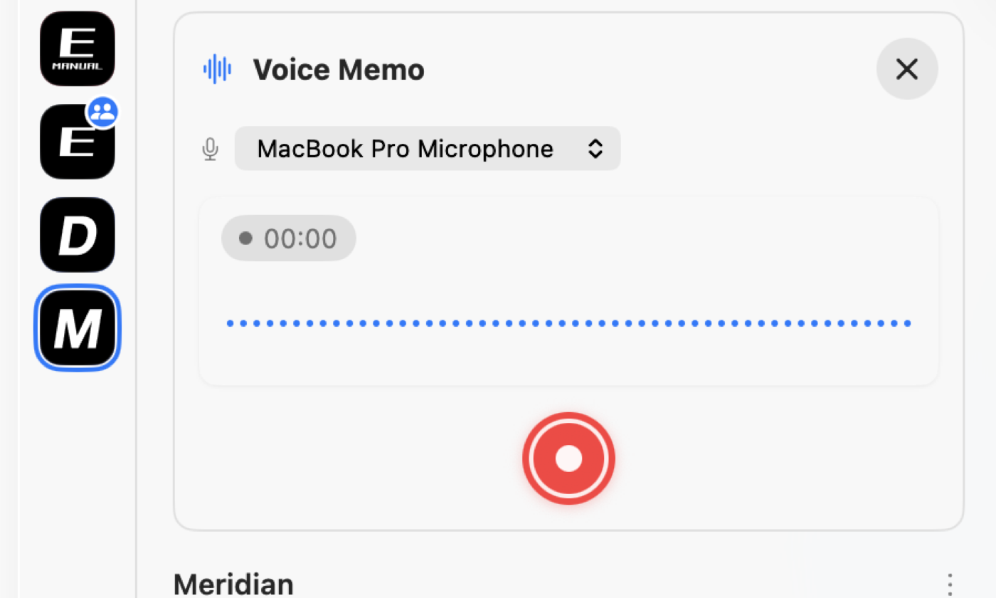 Enliner's voice-memo recorder with a microphone source picker, timer, and waveform.