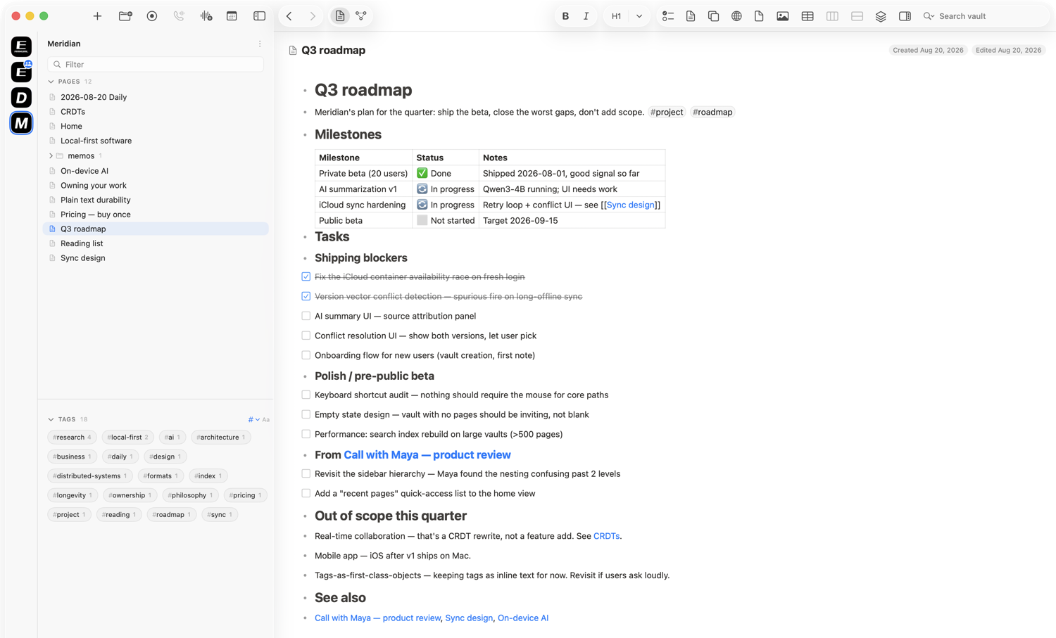 A roadmap page in Enliner with a status table, nested task lists, and properties.