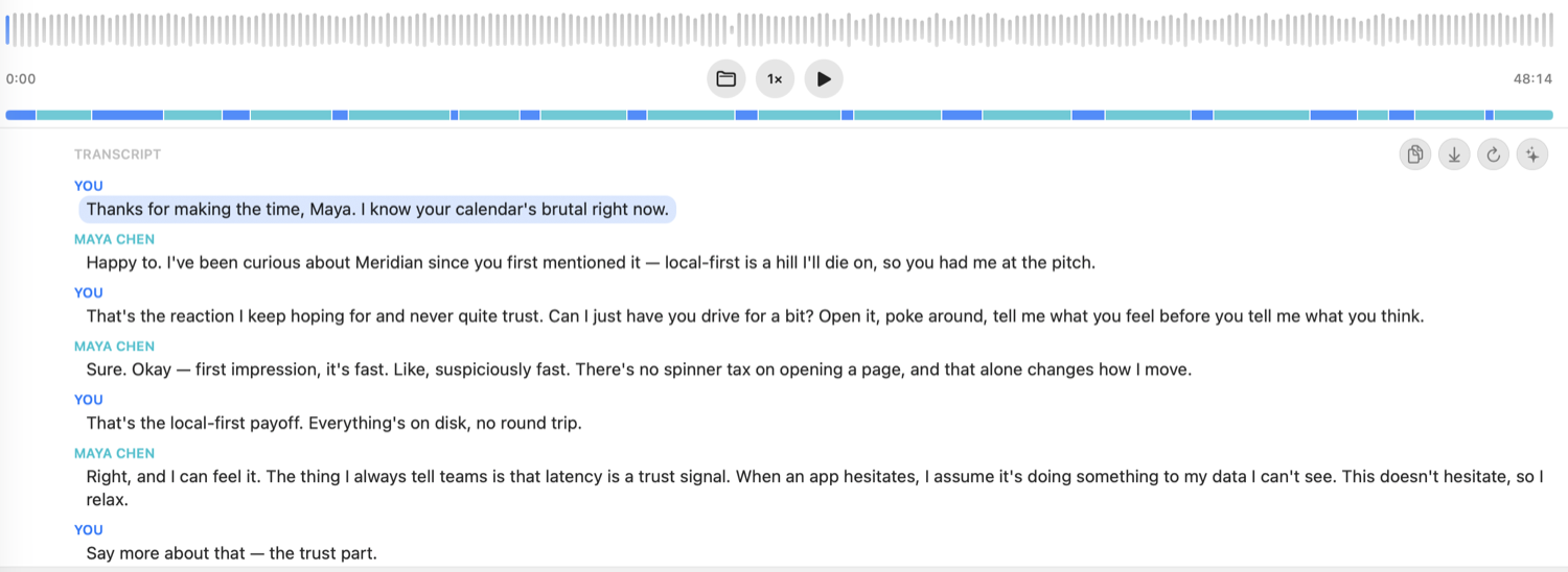 Enliner's transcript view with an audio scrubber, a turn-taking ribbon, and speaker-labeled turns.